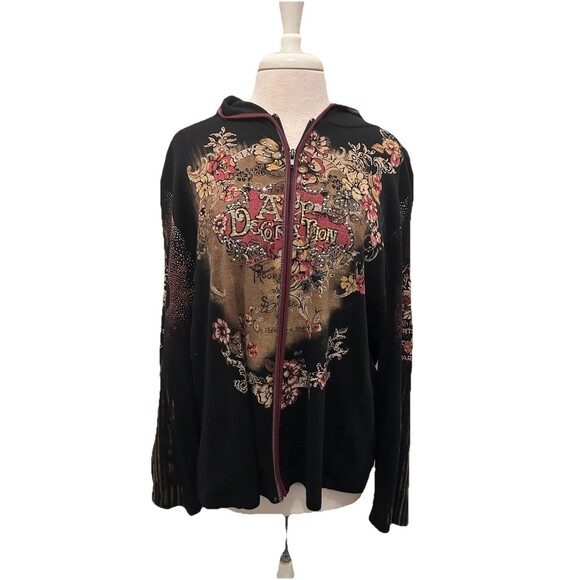 Vanilla Sugar Black Lightweight Zip Front Hooded Jacket With Rhinestones 3X - Picture 1 of 5